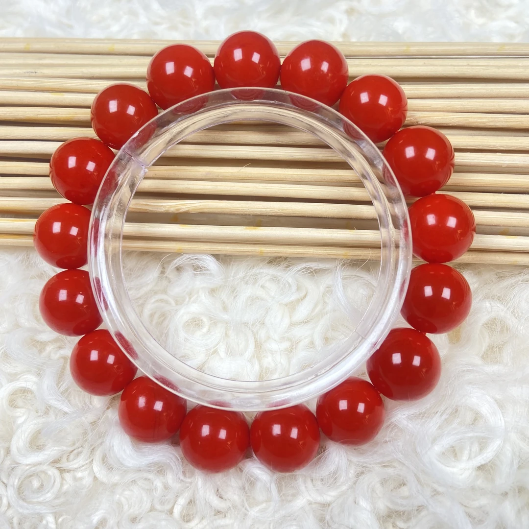 天然珠宝12mm亮面红色女士手串满色满肉 天然原矿 带证