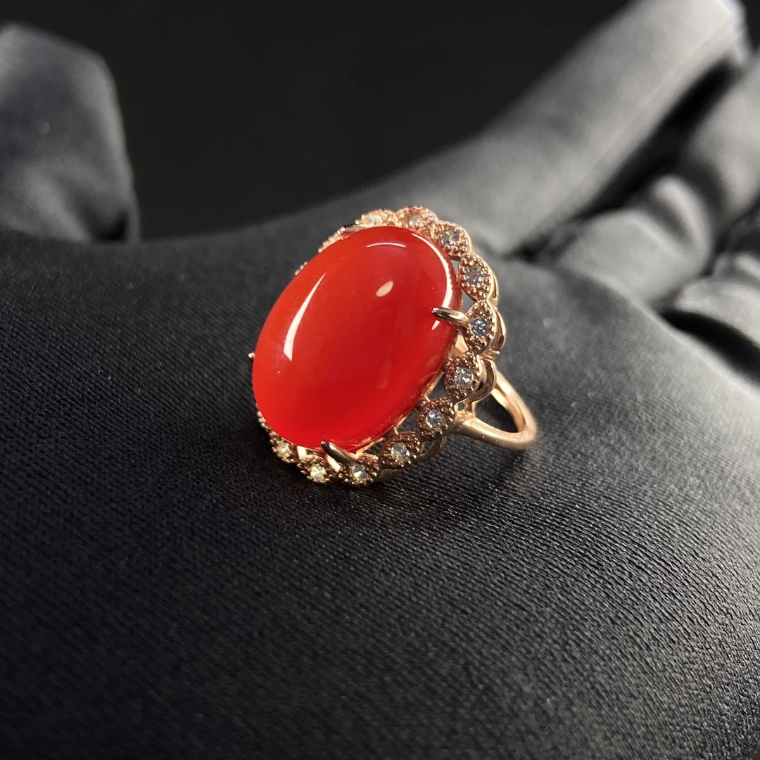 戒指 s925银镶活口可调节满色满肉送礼女士 色正天然玛瑙