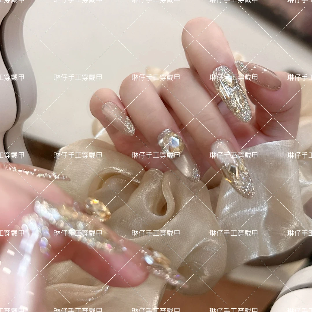 落日金沙纯手工光疗美甲气质美甲贴片假指甲成品可拆卸穿戴甲
