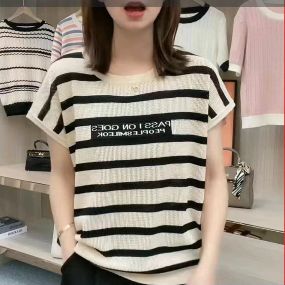 条纹字母减龄显瘦短袖针织衫女 328