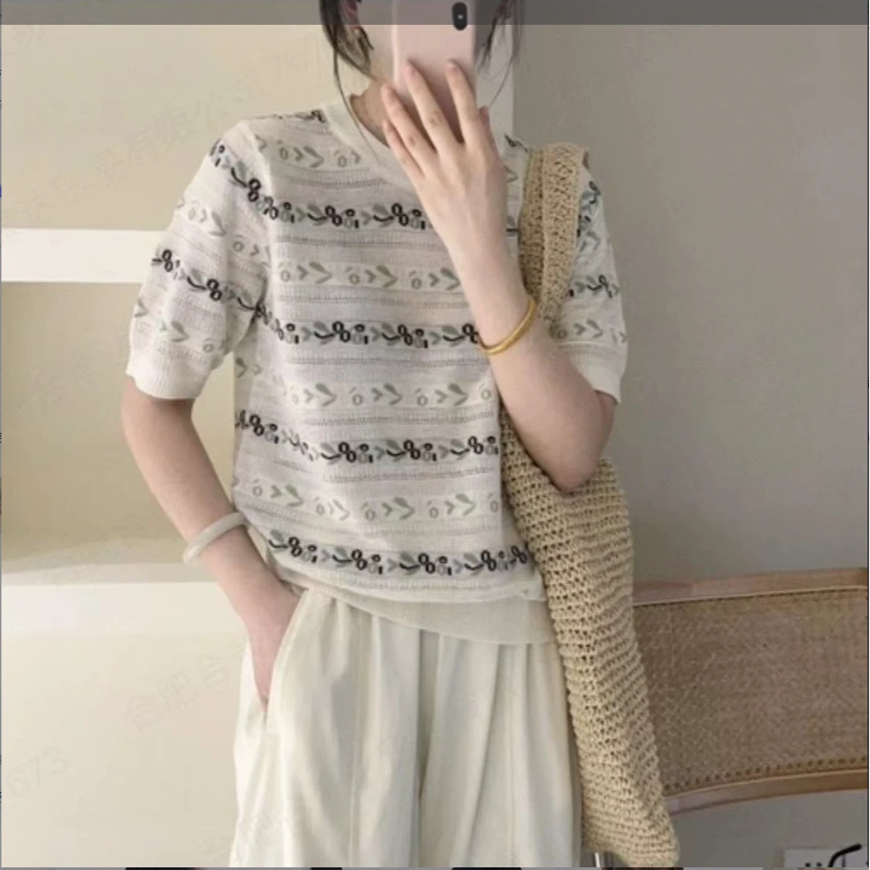 【高货-小花】勾花天丝羊毛气质百搭短袖针织衫 9909