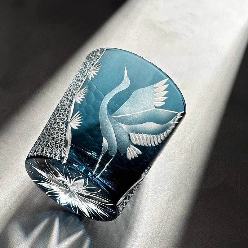 江户切子仙鹤水晶杯套色工艺手工雕刻日式无铅水晶玻璃杯家用送礼