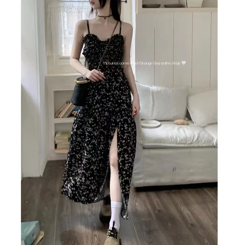 小昭碎花吊带开叉连衣裙女装连衣裙夏季薄款印花宽松连衣裙522