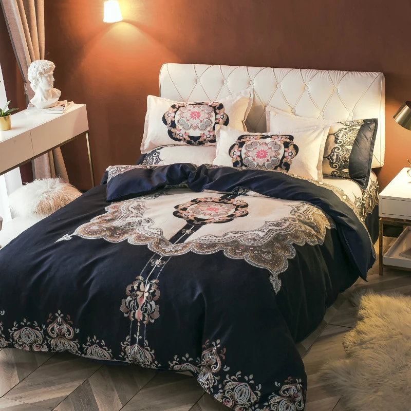 经典时尚轻奢印花高支高密双股斜纹磨毛棉亲肤四件套