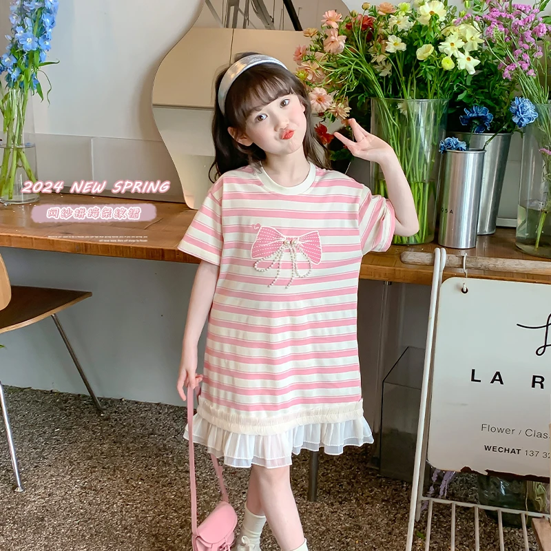 2024夏季新款女童洋气韩版宽松网纱拼接蝴蝶结条纹连衣裙X12078