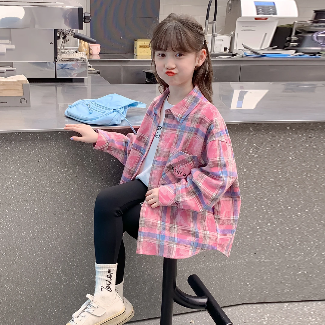 女童2024秋季新款时尚洋气百搭韩版休闲女孩格子长袖外套X12426