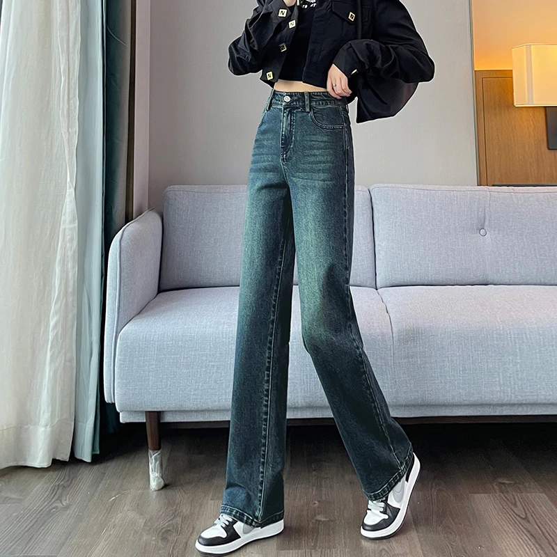 加绒普鲁士蓝窄版直筒阔腿牛仔裤女秋冬加长版高个子女生超长裤子