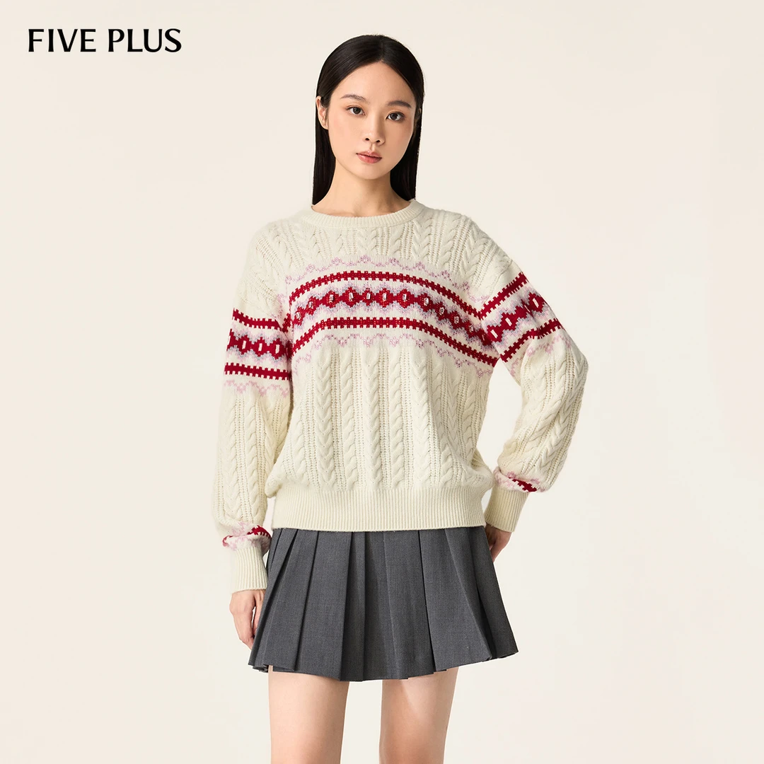 FIVE PLUS冬装羊毛毛衣女通勤风麻花套头衫费尔岛烫钻2LE4033650