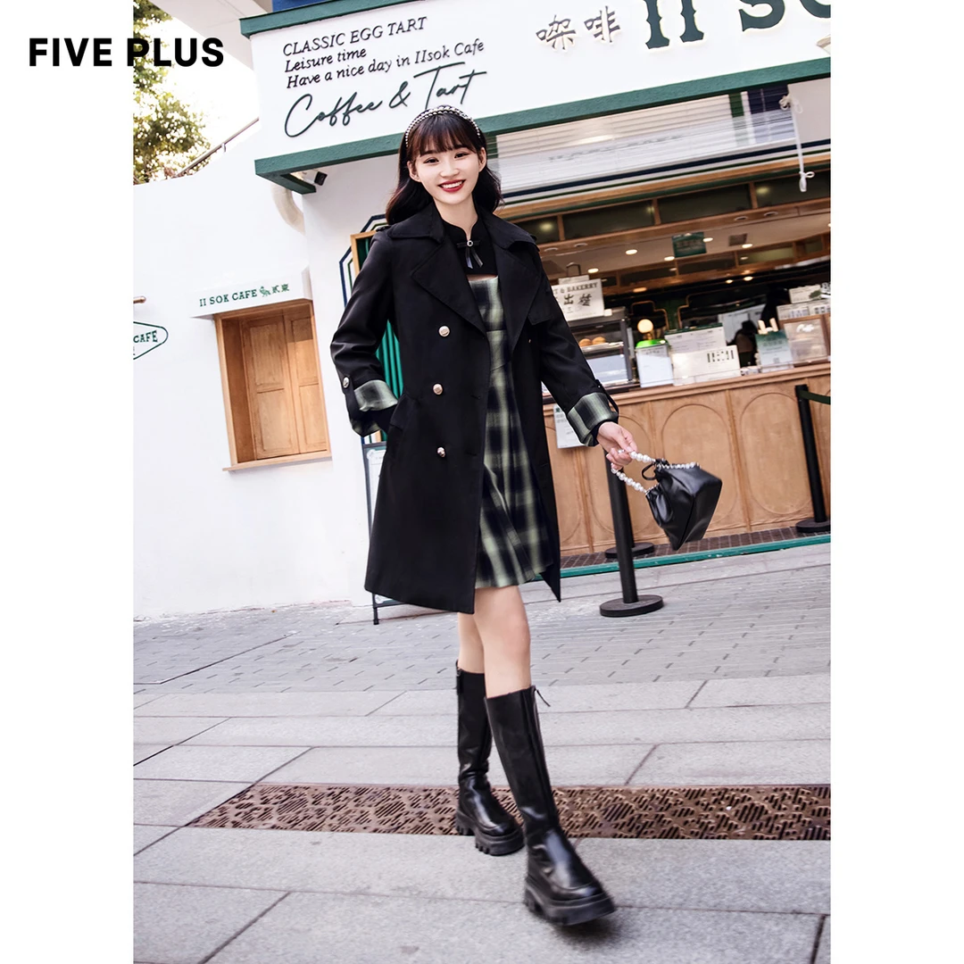 FIVE PLUS2022新款秋装英伦复古双排扣风衣女宽松翻领2WN1042320