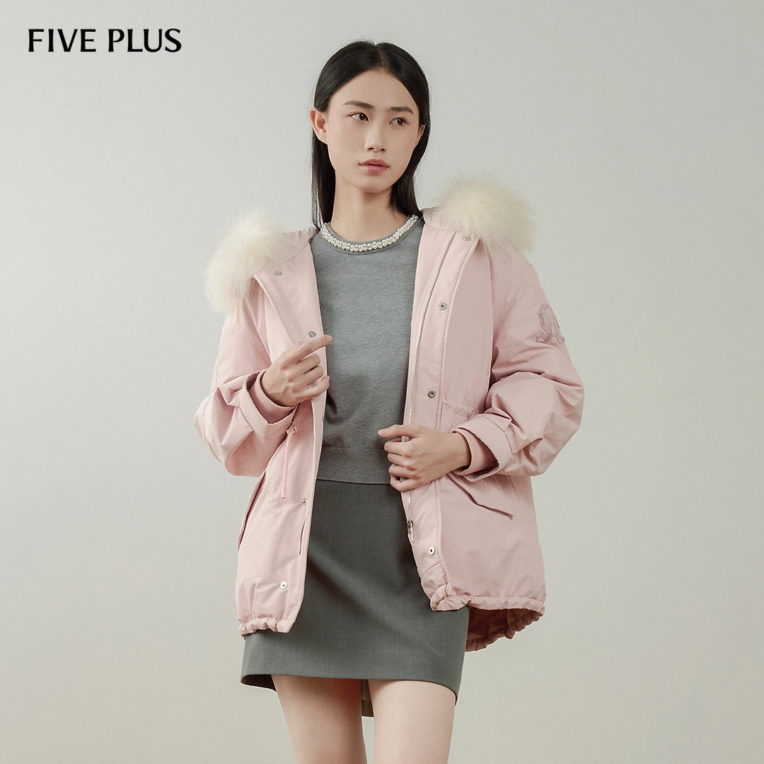 FIVE PLUS冬装貉子毛领羽绒服女鸭绒保暖连帽派克服潮2LE4333630
