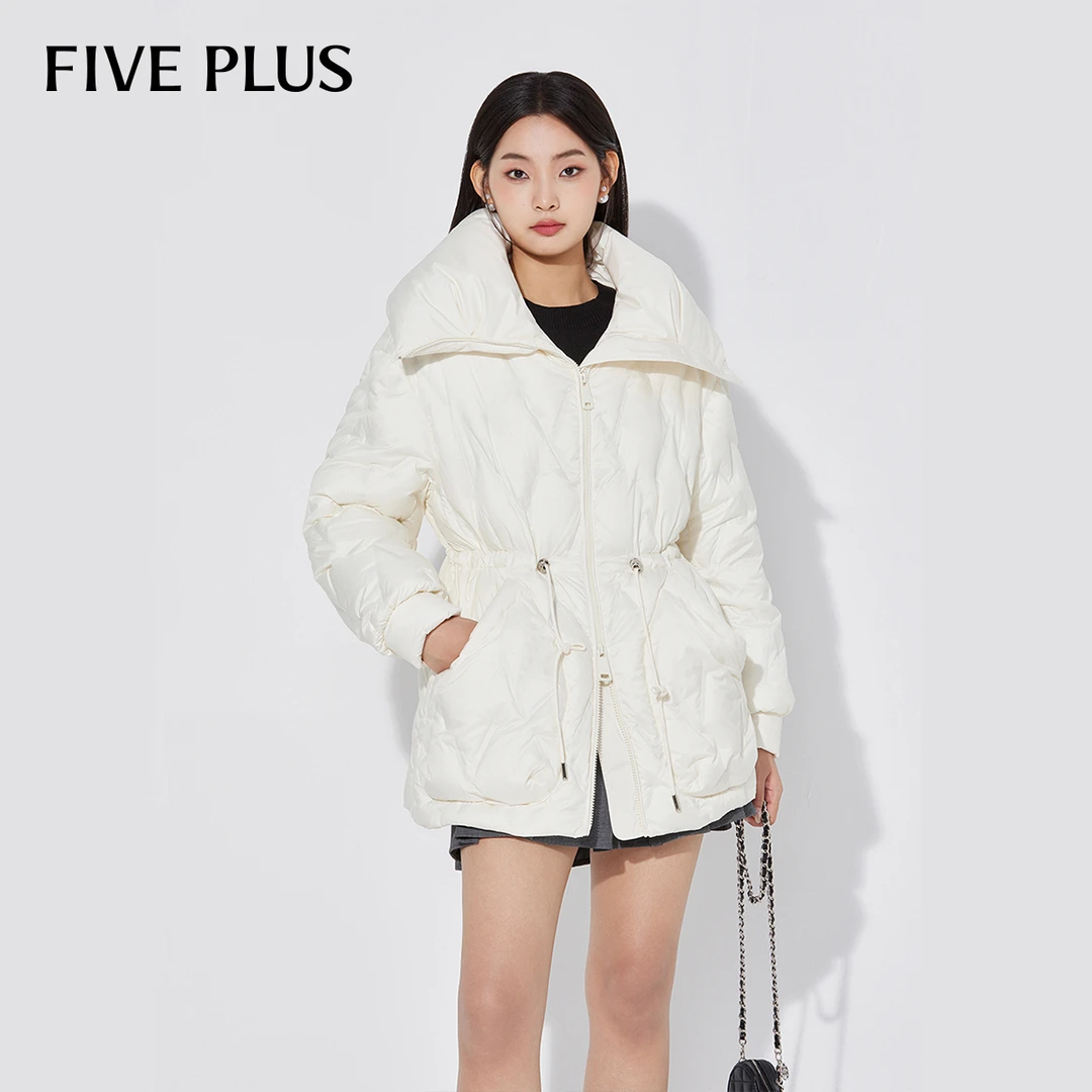 FIVE PLUS冬装羽绒服女外套纯色压花翻领保暖抽绳收腰2TA4336250