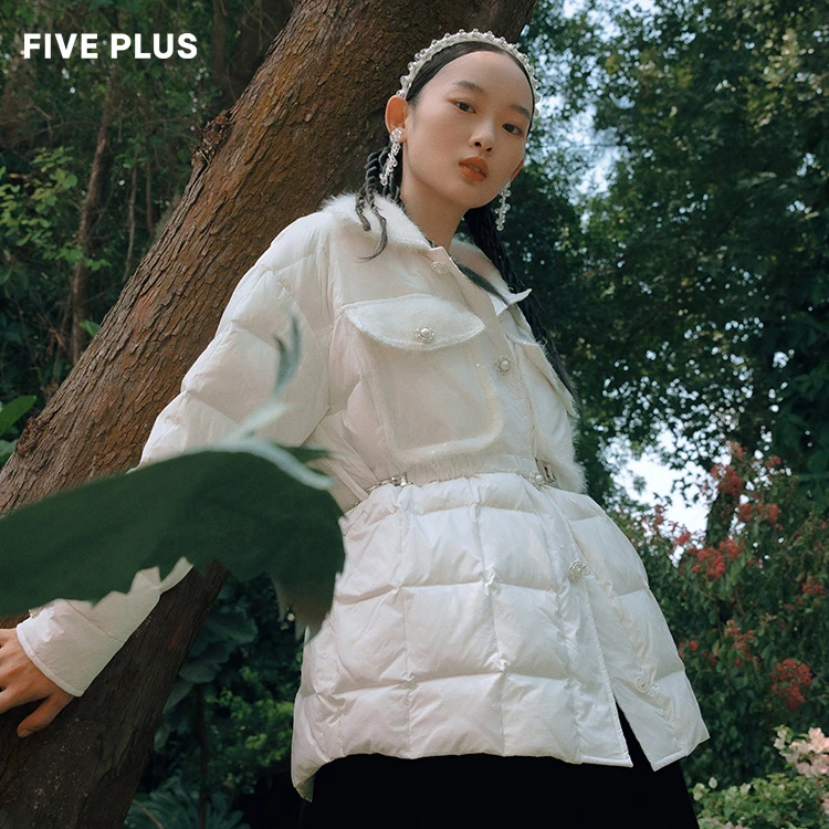 FIVE PLUS秋装毛毛翻领羽绒服女鸭绒宽松中长外套长袖2WN4331130