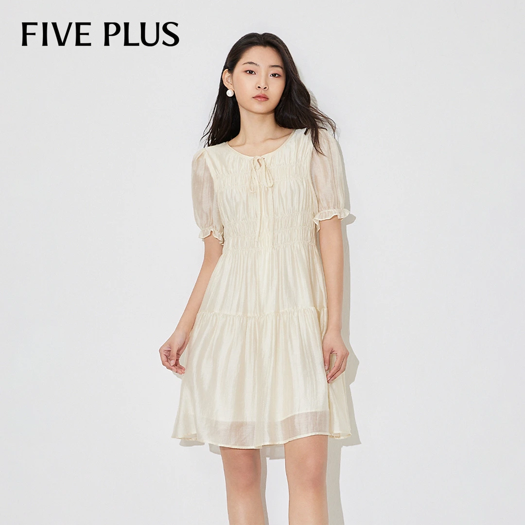 FIVE PLUS夏装连衣裙女泡泡袖温柔仙女裙木耳边莱赛尔2LE2083120