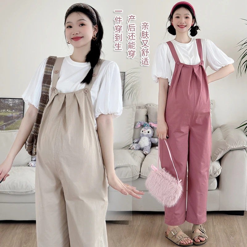 夏装新款孕妇工装背带裤韩版泡泡袖短袖t恤孕妇两件套装宽松减龄