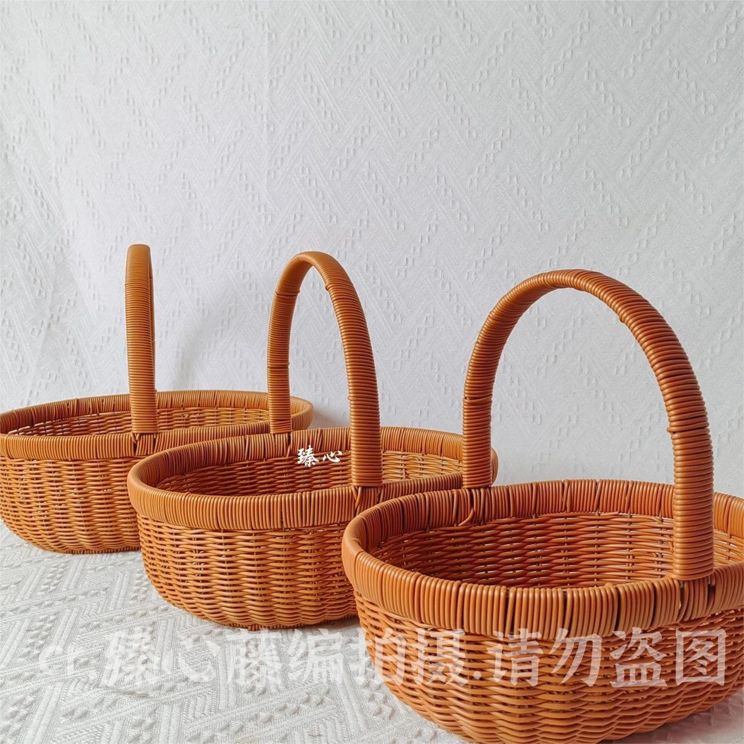 TY21仿藤编手提篮纯手工编织复古风椭圆手提篮、买菜蓝户外野餐篮