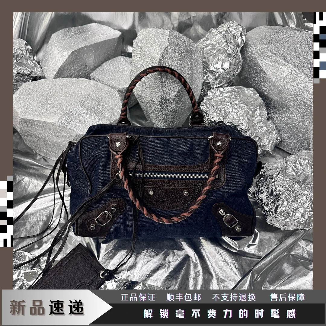 99新 Balenciaga/巴黎世家 東区-牛仔拼皮机车波士顿单肩包/15354
