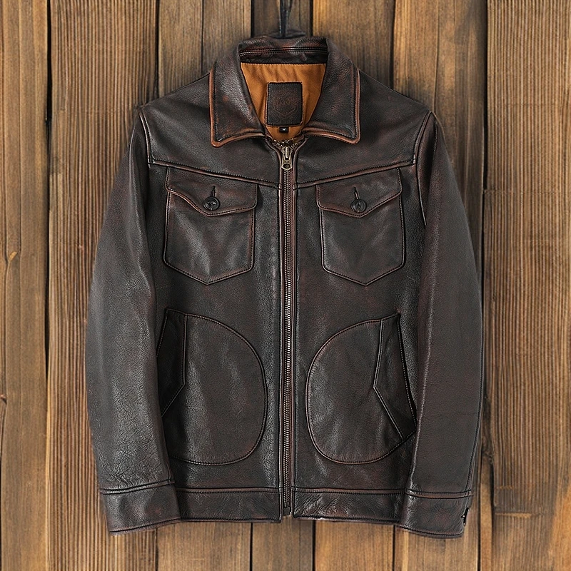 水洗门多萨男士经典美式复古头层牛皮时尚皮衣真皮做旧短款皮夹克