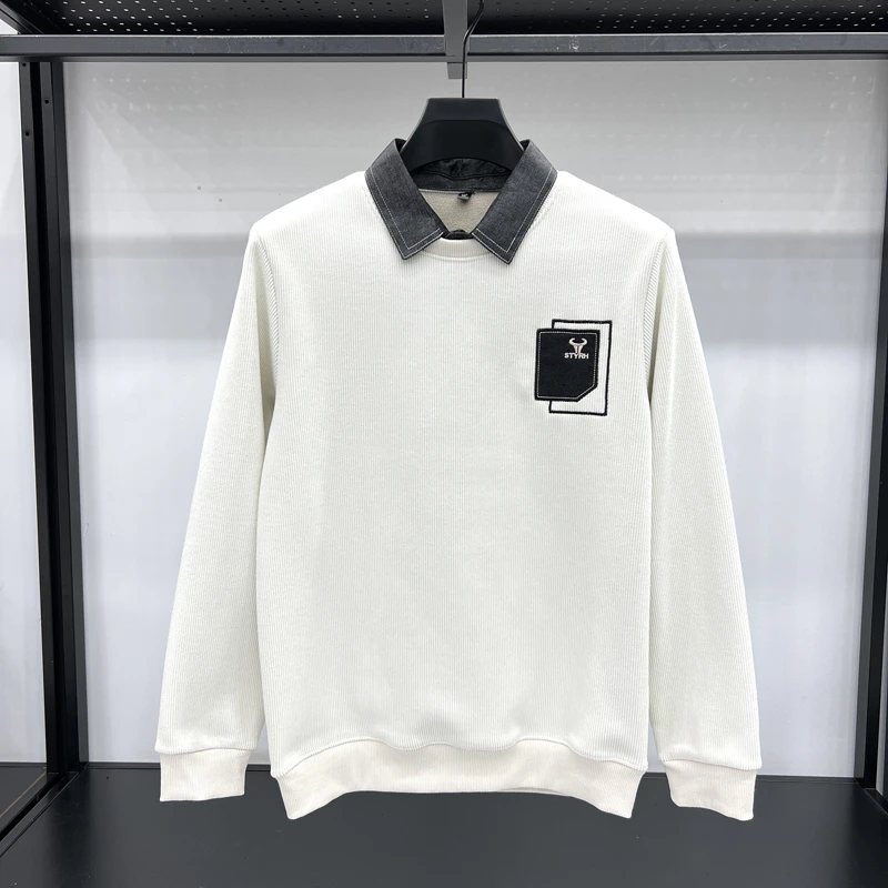 2024冬季新款假两件加绒加厚男士针织衫毛衣衬衣领毛衣潮流时尚男