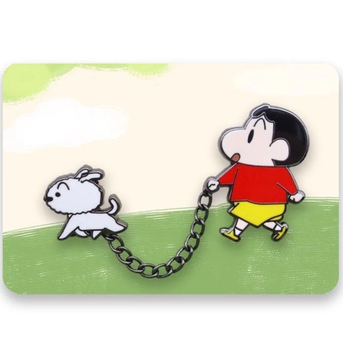 锌合金珐琅胸针 小新遛狗徽章胸针创意卡通可爱链条胸针百搭配饰