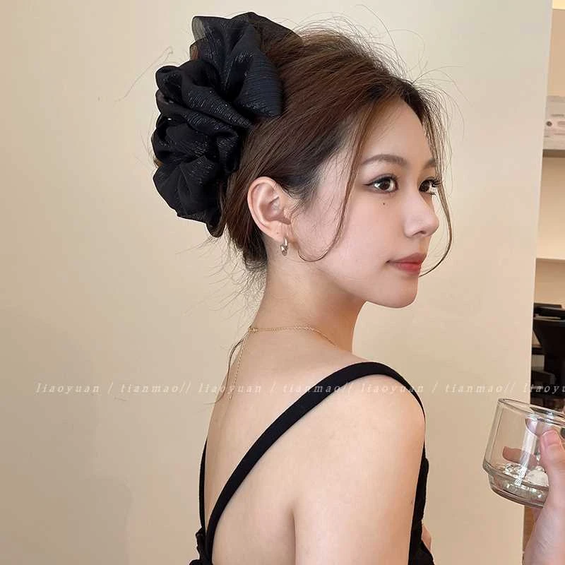 饱满后脑勺复古黑色蝴蝶结发夹头饰抓夹女大号高级感优雅鲨鱼夹