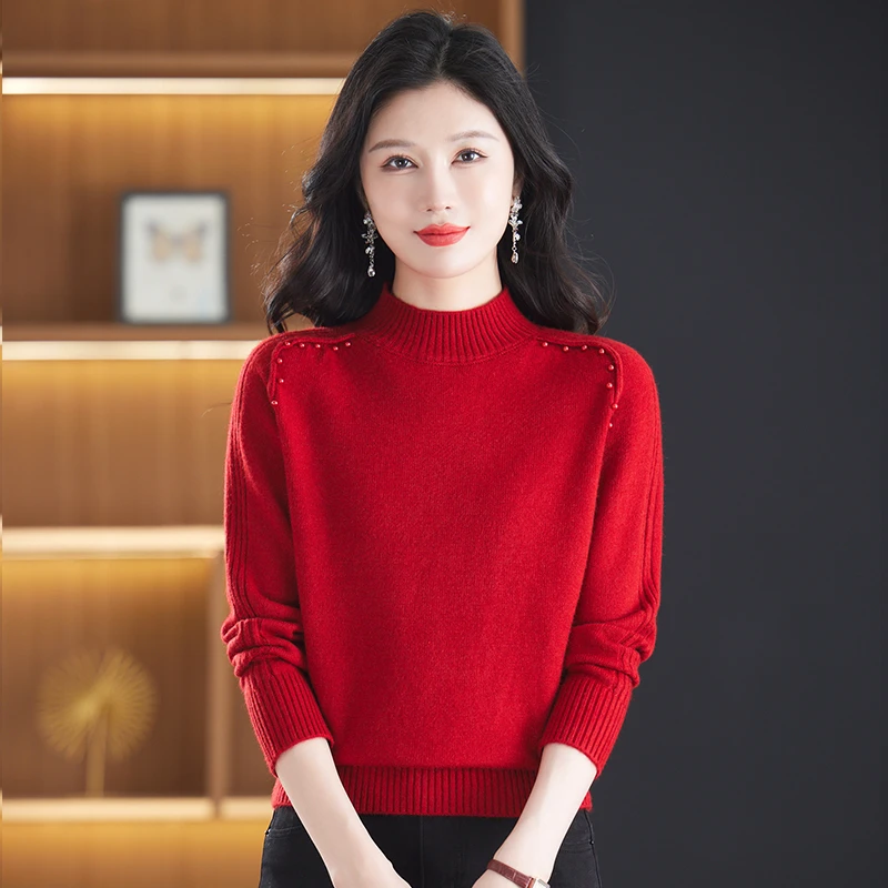 高级感秋冬新款2024红色毛衣洋气时髦打底衫女气质显瘦针织衫小衫