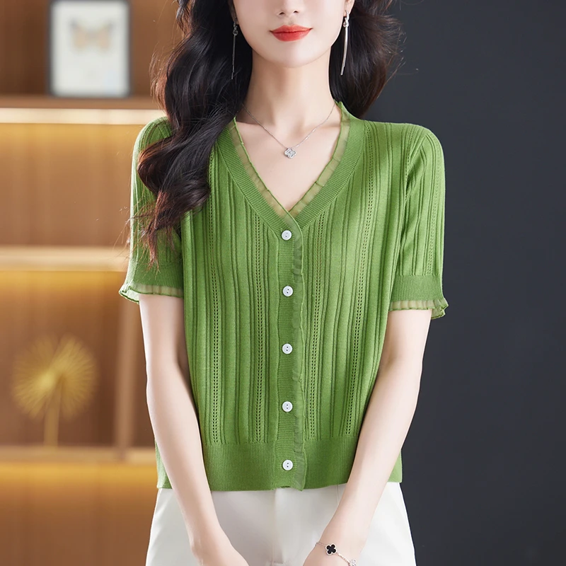 小个子夏季V领韩版轻奢短袖女T恤2025新款高档洋气针织镂空上衣女