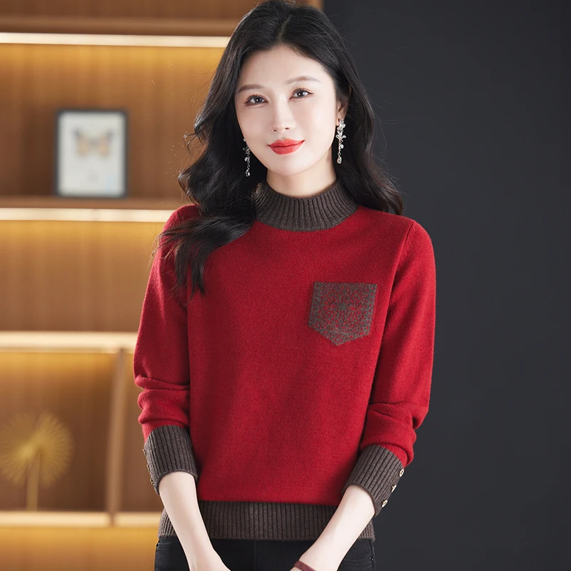 秋冬新款时尚加厚红色毛衣打底衫女洋气宽松高档妈妈装针织衫上衣