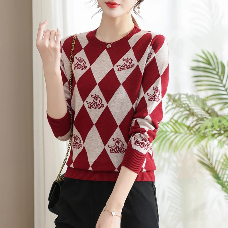 羊毛衫春秋新款圆领时尚洋气百搭妈妈提花宽松长袖针织毛衣女上衣