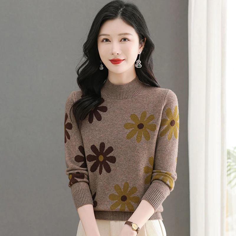 气质妈妈装高档打底衫女秋冬内搭2024新款毛衣时尚提花长袖针织衫