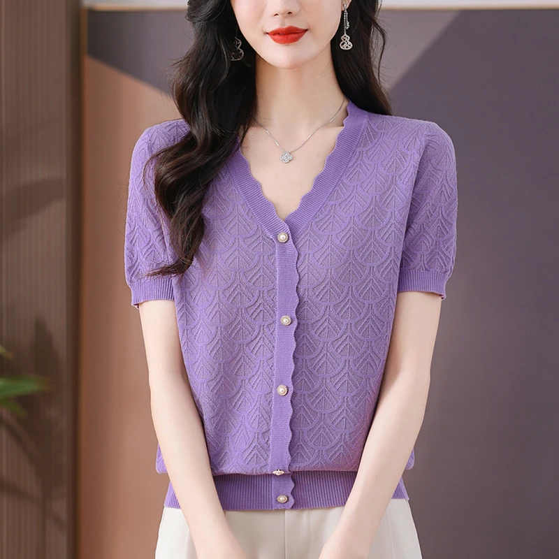 轻奢镂空小个子V领短袖女T恤天丝上衣薄款针织衫洋气新款妈妈夏款