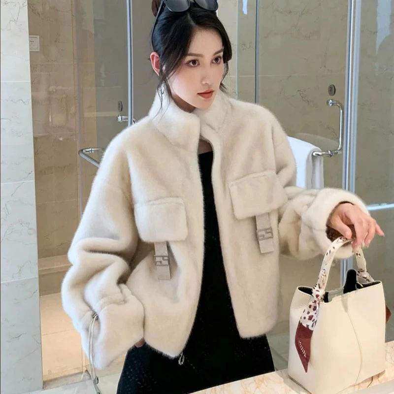 高领保暖仿皮草外套短款外搭女秋冬新款气质仿貂加厚保暖上衣韩版