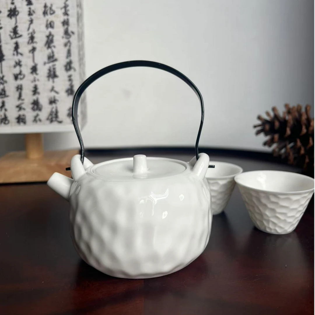 白瓷提梁锤纹茶壶功夫陶瓷泡茶壶一壶二杯防烫茶壶