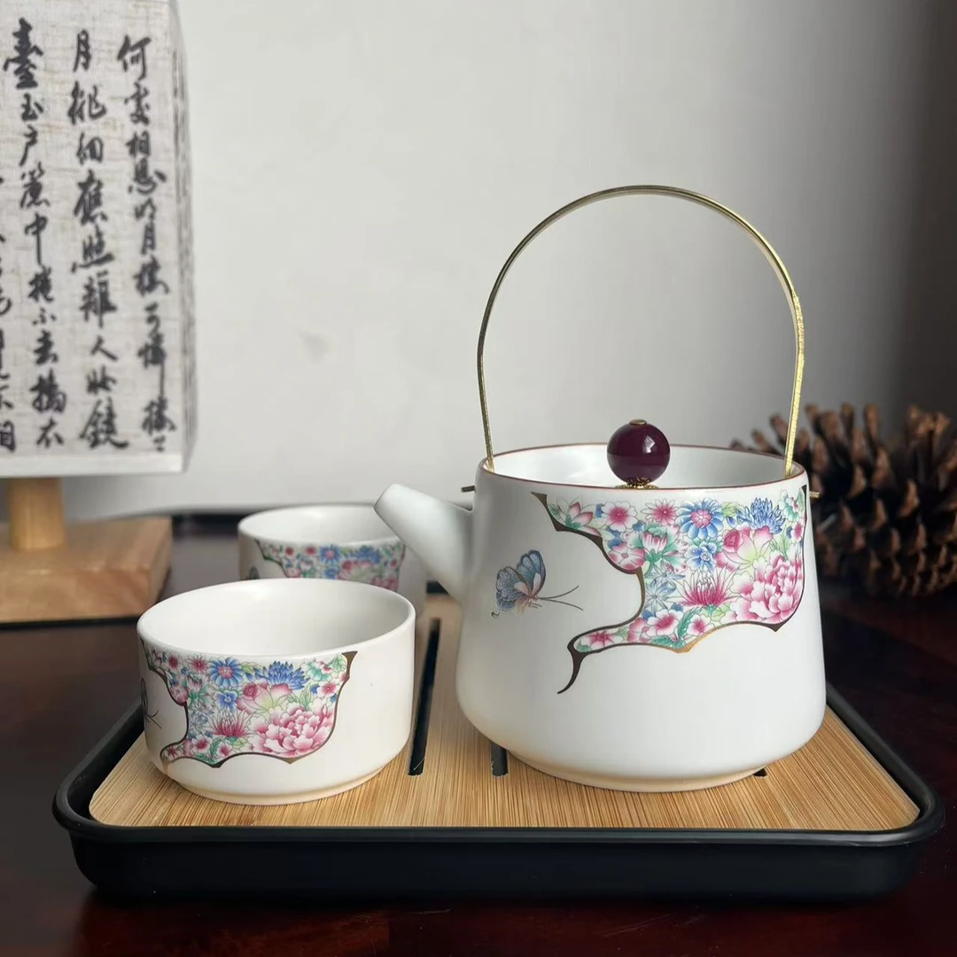 酌青 羊脂玉手工掐丝提梁壶家用泡茶壶一壶四杯工夫茶具套装