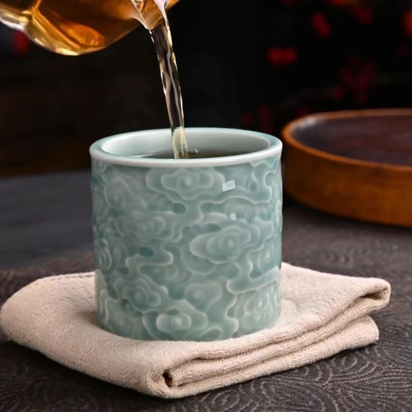 青瓷玉上祥云粉青扳指杯主人杯功夫茶具复古直筒茶杯竹节杯TX025