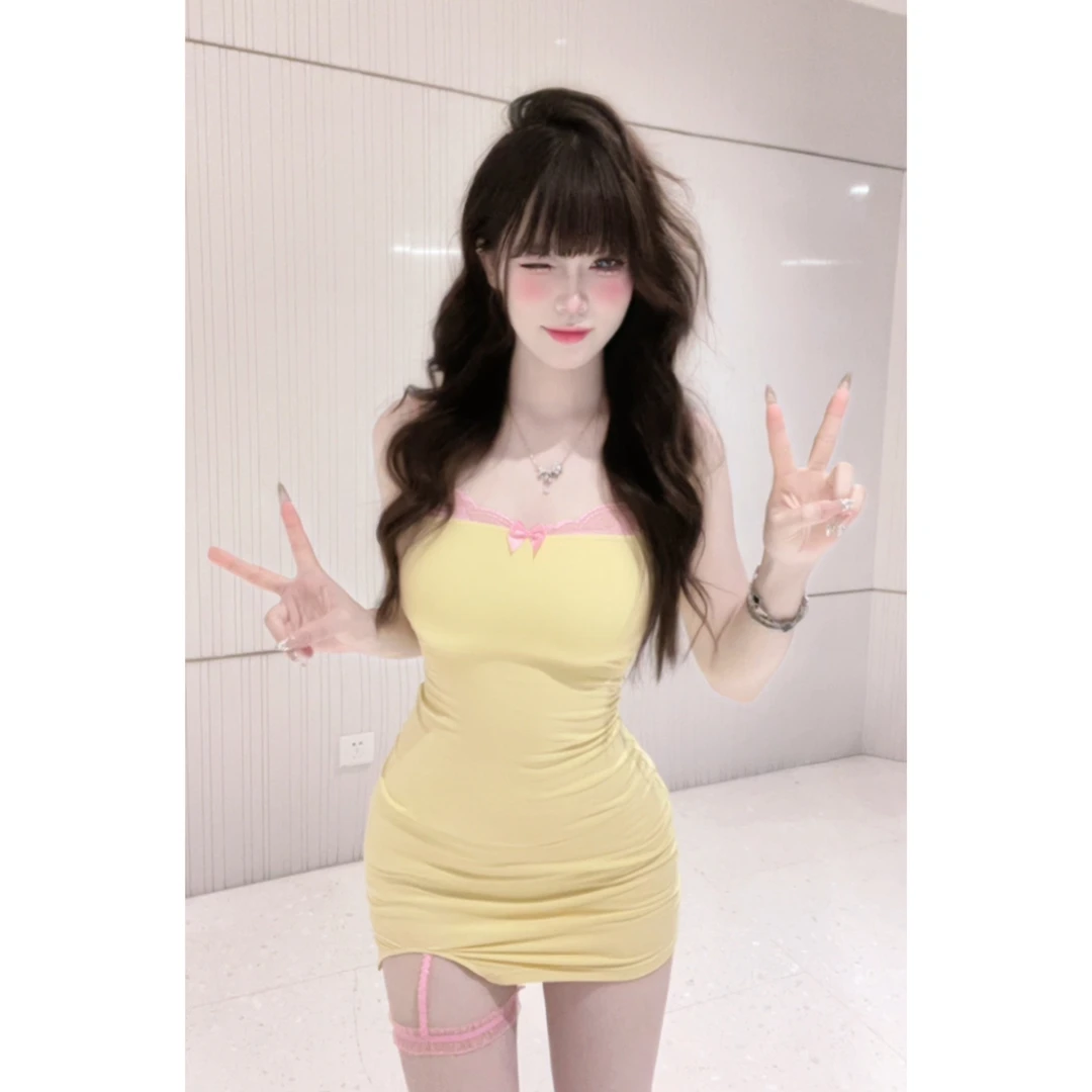【嫩妹的杀手锏】纯欲风蝴蝶结花边吊带修身连衣裙女668