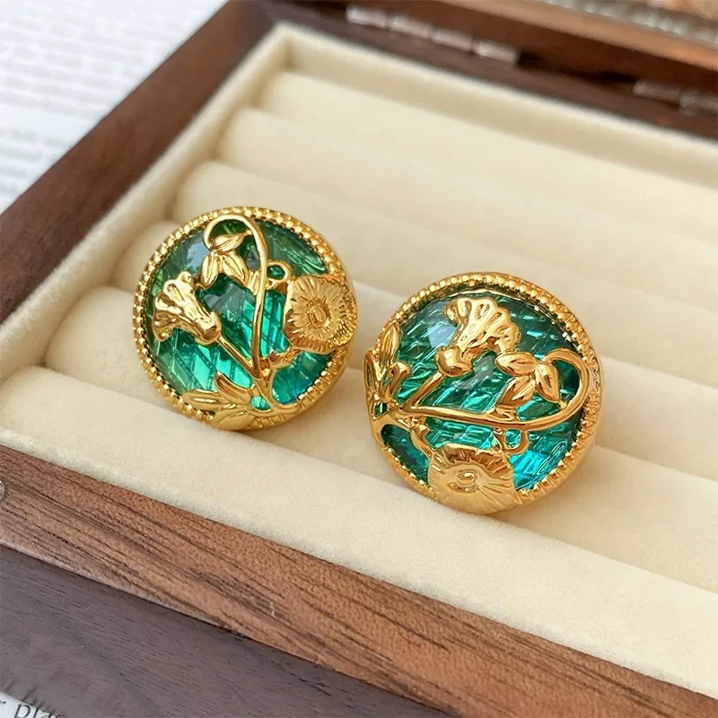 铜合金耳饰 中古复古耳饰高级感宫廷风古风花朵圆形小众耳钉古法