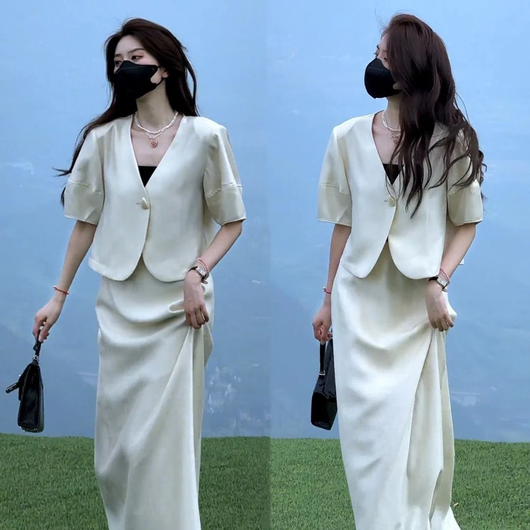 两件套轻奢缎面设计感新中式领开衫+半身长裙气质名媛女装