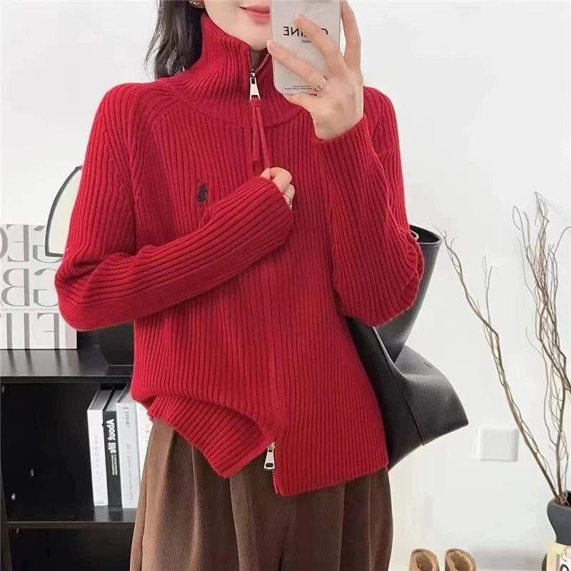秋冬新款韩版竖条拉链刺绣小马针织衫时尚休闲百搭宽松开衫女8882