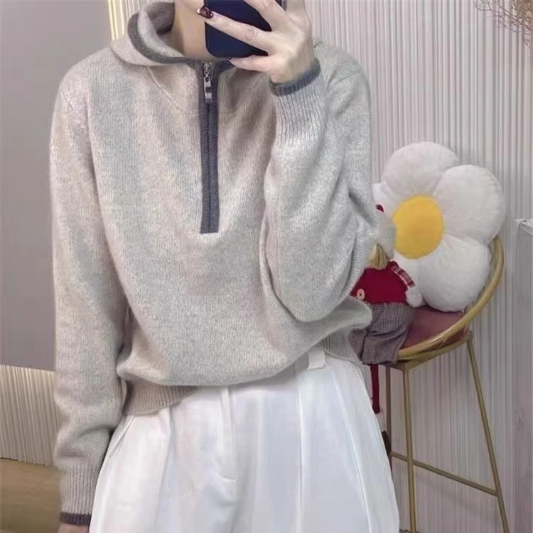 秋冬新款韩版半拉链纯色连帽宽松针织衫百搭洋气毛衣女6593