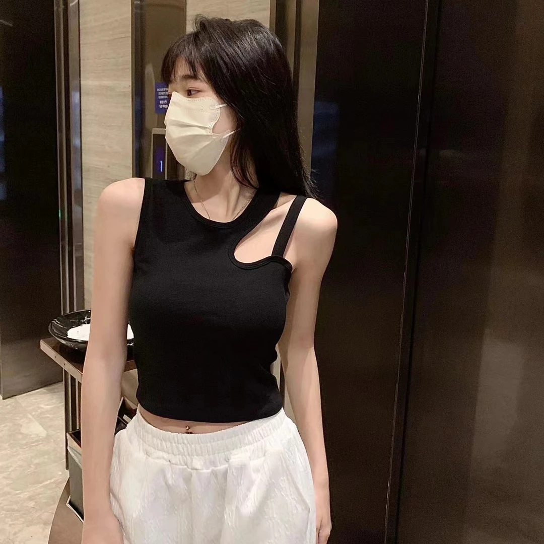 韩版不规则镂斜肩带ins风背心百搭打底修身外穿美背吊带无袖显瘦