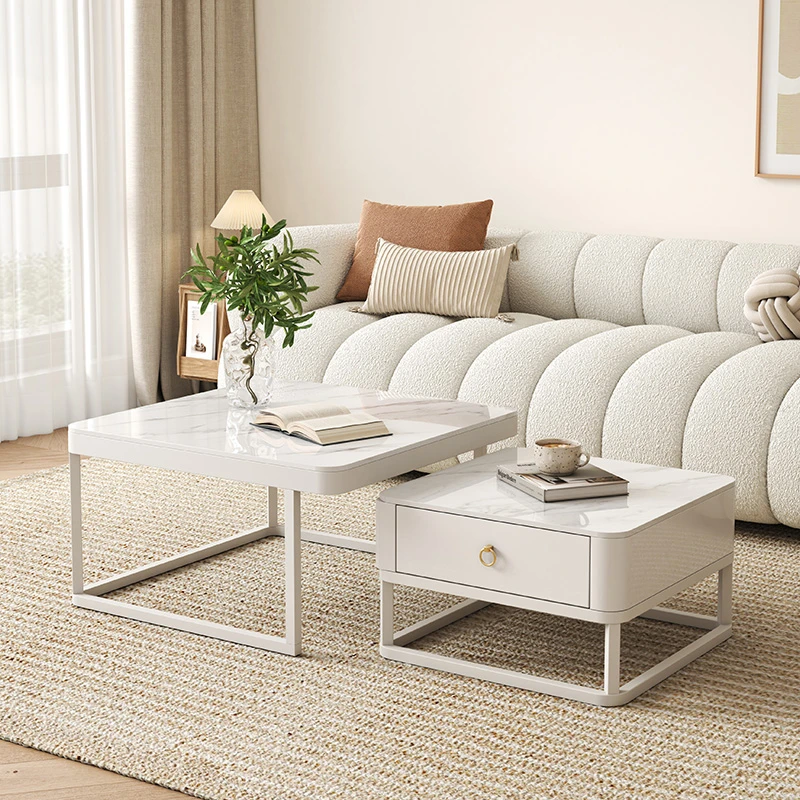 幕欧方形纯白岩板茶几组合现代轻奢客厅家用简约双层茶几高级感