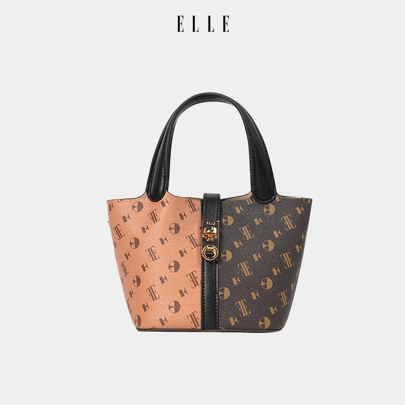 ELLE新款菜篮子拼色手提斜挎托特包包经典大容量通勤46365