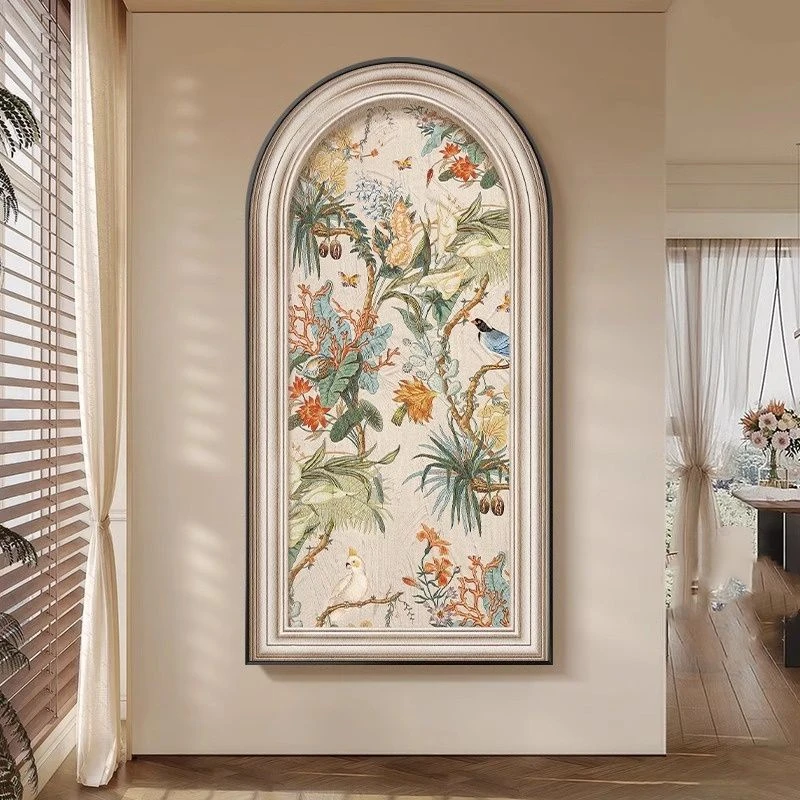 法式中古风玄关装饰画复古花鸟走廊过道挂画立体肌理拱形竖版壁画