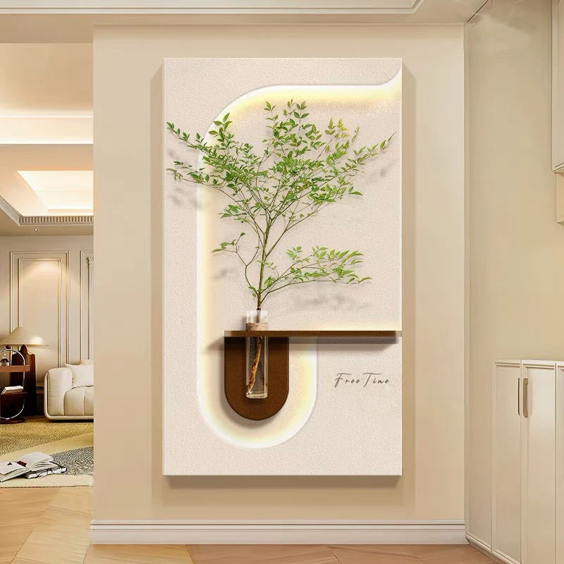 奶油风客厅装饰画水培绿植挂画创意氛围灯光画玄关正对门高端壁画
