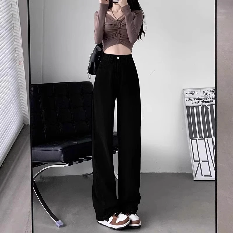 黑色窄版直筒牛仔裤女秋季新款高腰显瘦百搭小个子垂感拖地阔腿裤