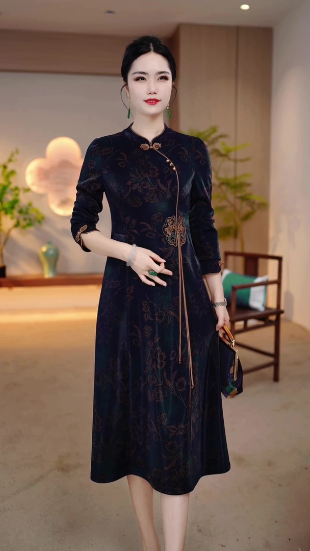 2024早秋新款气质妈妈显瘦装旗袍中长款妈妈装连衣裙OY-Z8832