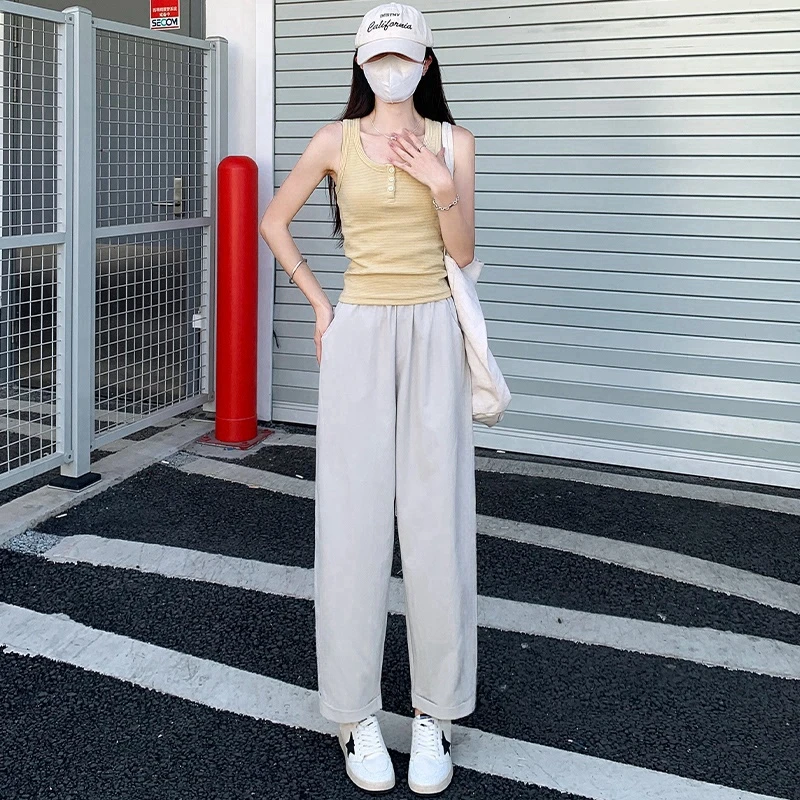 粉色阔腿裤女夏季薄款裤子日系凉凉裤宽松白色小个子九分萝卜裤