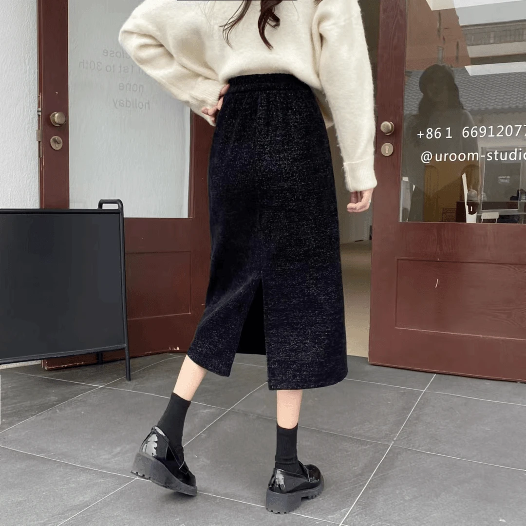 【加绒加厚】亮丝星空雪尼尔高腰A字裙中长款开叉包臀裙一步裙子