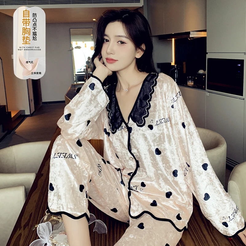 金丝绒睡衣女春秋冬款2024新款金钻绒长袖加胸垫家居服套装两件套