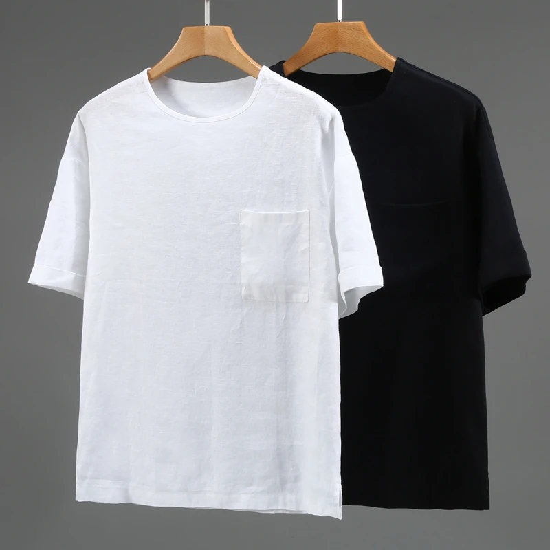 意大利雨露纯亚麻短袖T恤体恤衫麻布男装透气宽松100%全麻汗衫男t